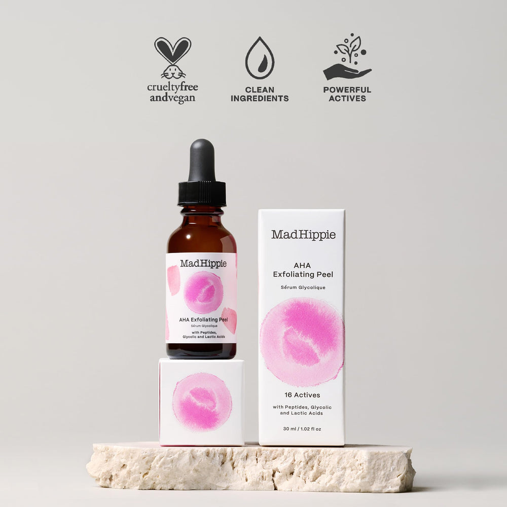 Mad Hippie AHA Exfoliating Peel dispensing pump shows convenient at-home use.