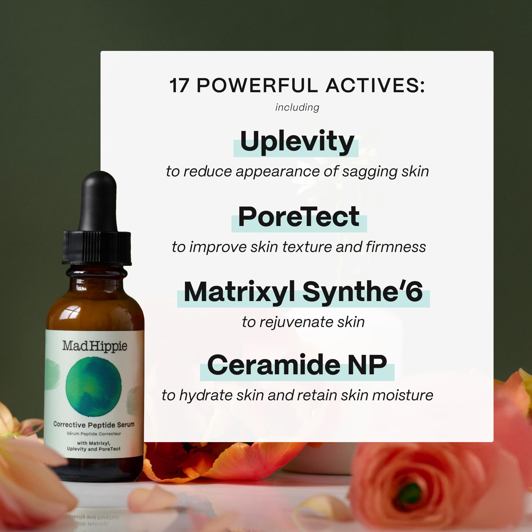 Mad Hippie Corrective Peptide Serum ingredient panel features polyglutamic acid and ceramide NP