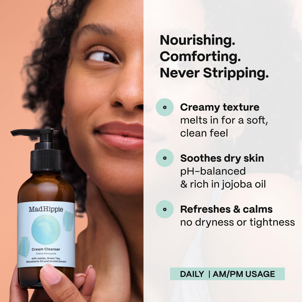 Mad Hippie Cream Cleanser 2-Pack rinse scene demonstrates a quick 20-second daily cleanse.