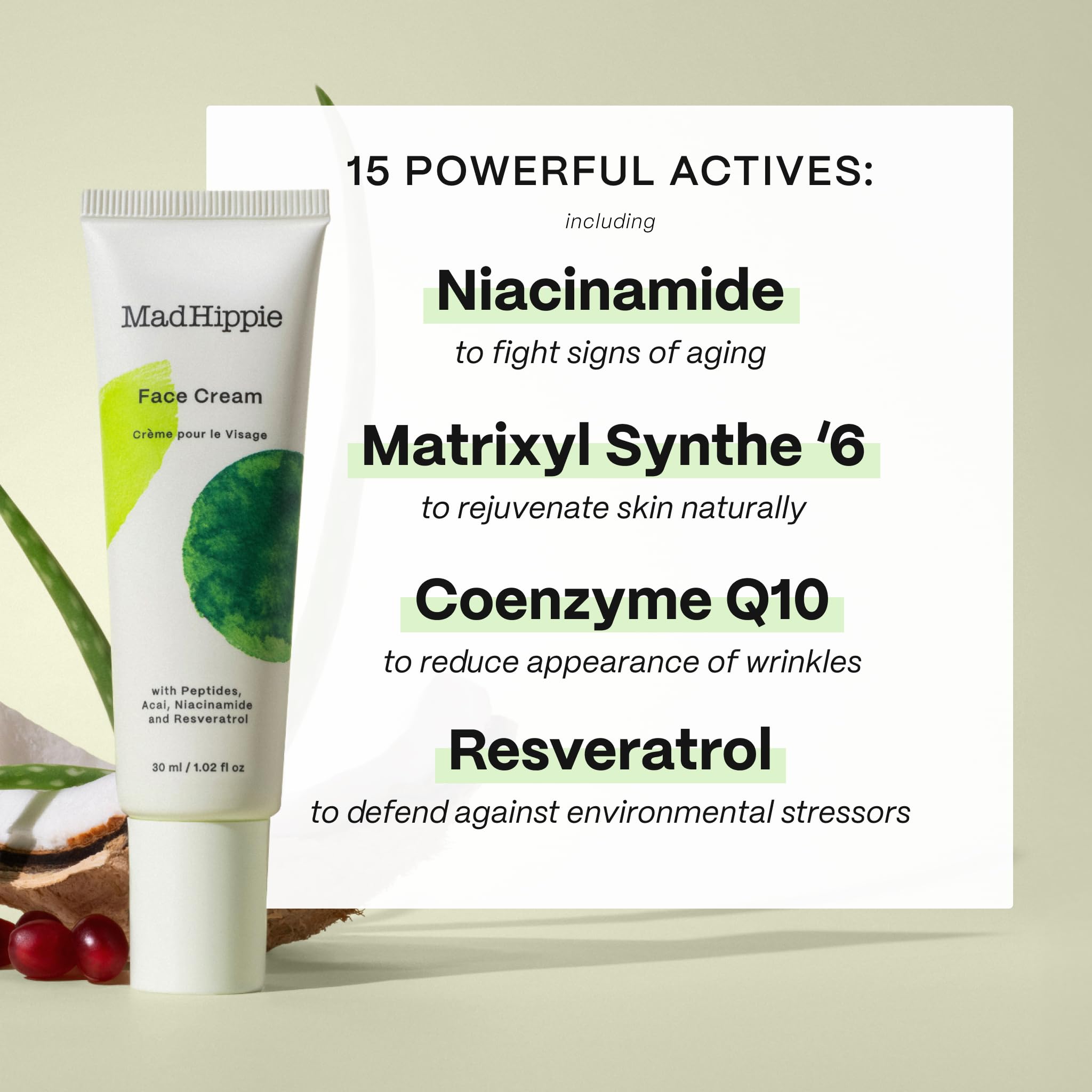 Mad Hippie Face Cream aplicación diaria, ayuda a nutrir y suavizar la dermis.