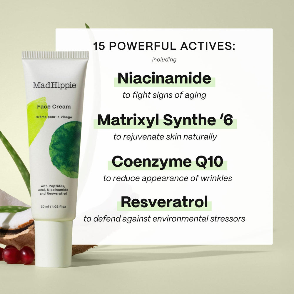 Mad Hippie Face Cream aplicación diaria, ayuda a nutrir y suavizar la dermis.