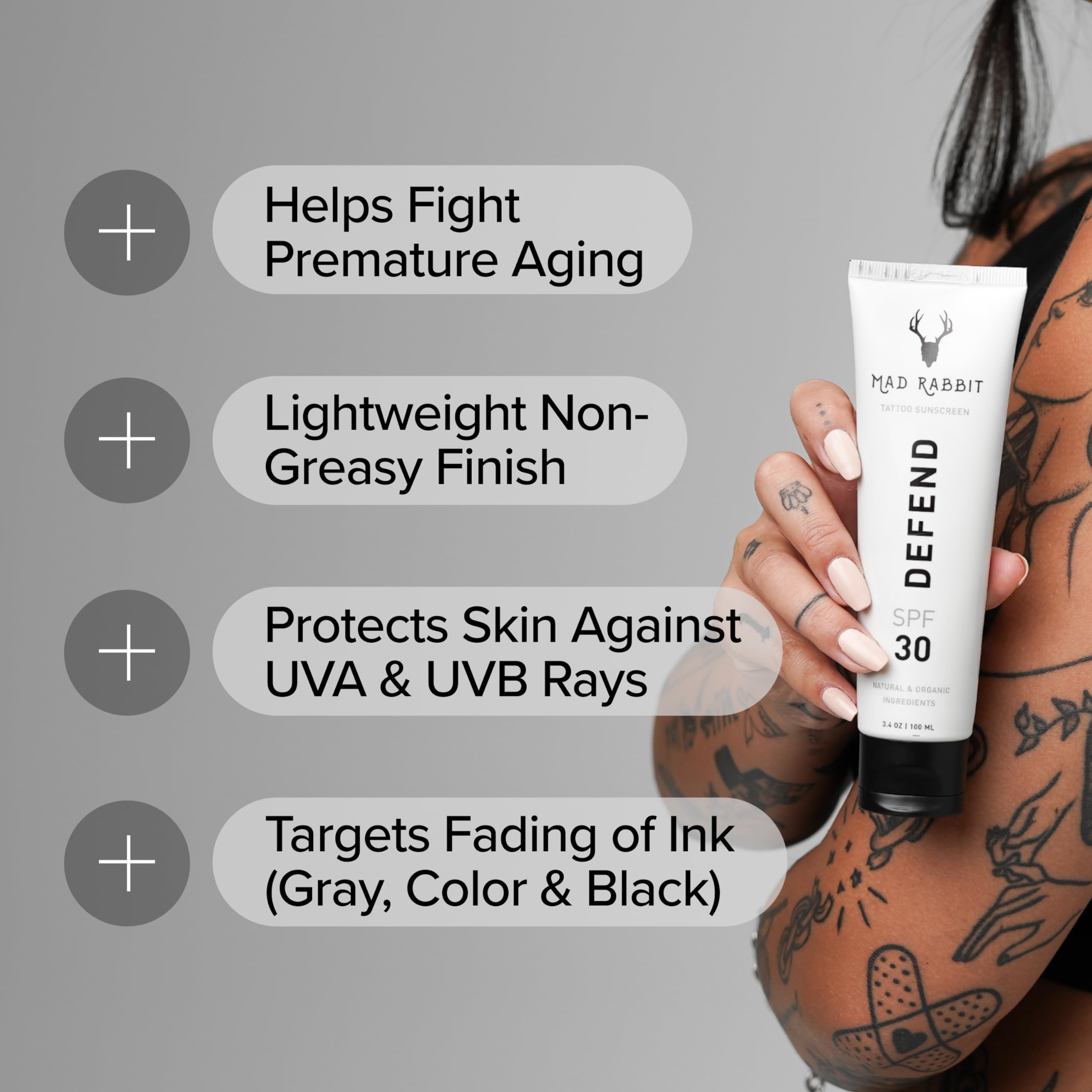 Mad Rabbit Defend SPF 30 – etiqueta posterior, antioxidantes para piel sana.