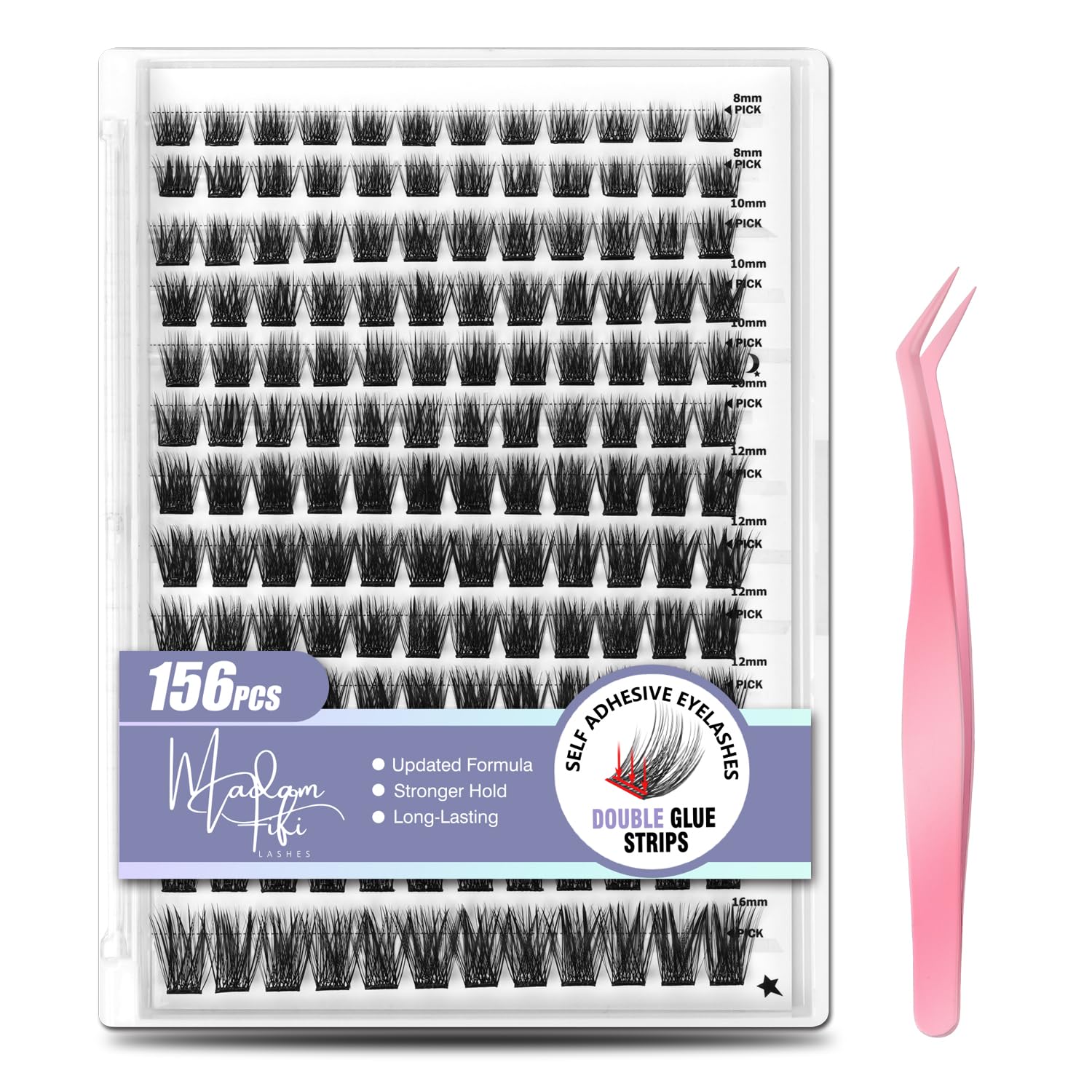 Madam Fifi self-adhesive eyelashes with dual-row strips for instant glam.