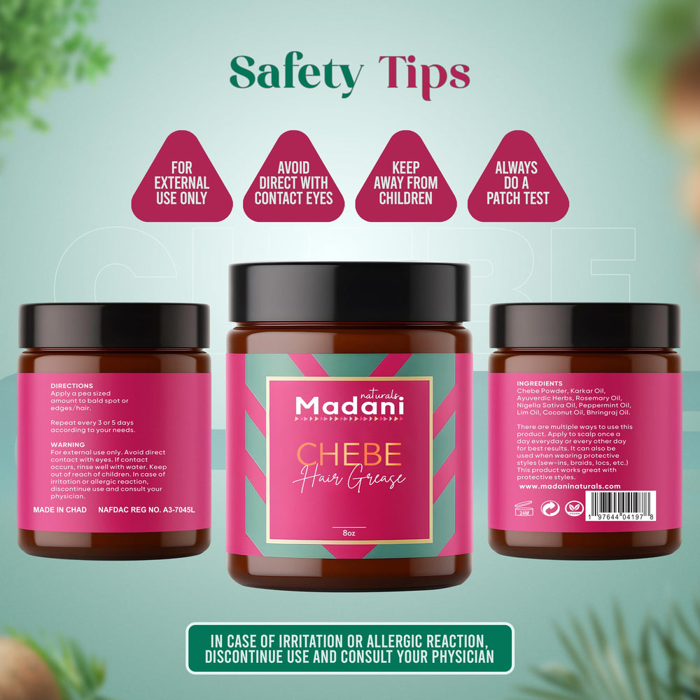 Madani Naturals herbal blend display hints at daily scalp nourishment.