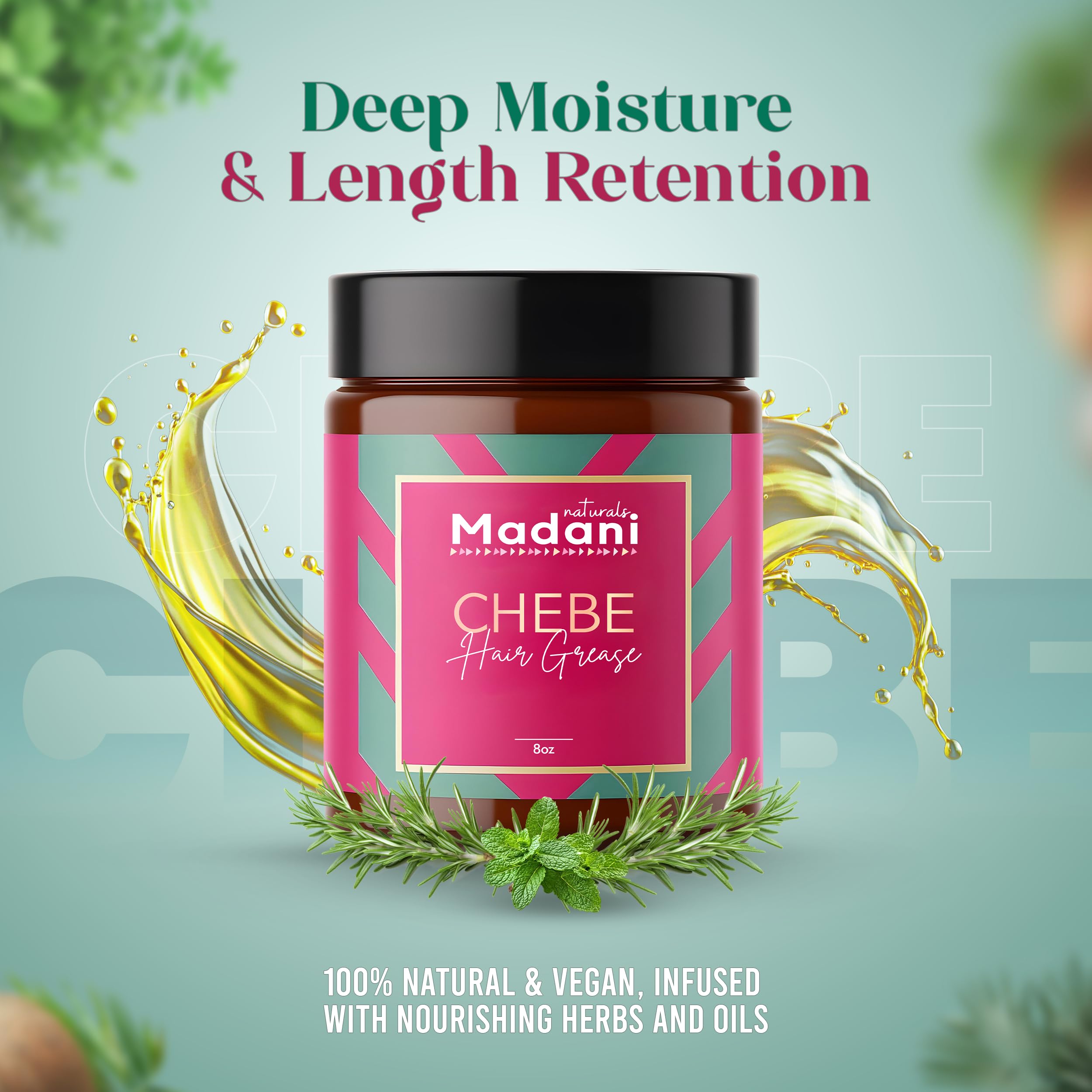 Madani Naturals Rosemary Oil bottle highlights scalp nourishment and refreshing aroma.
