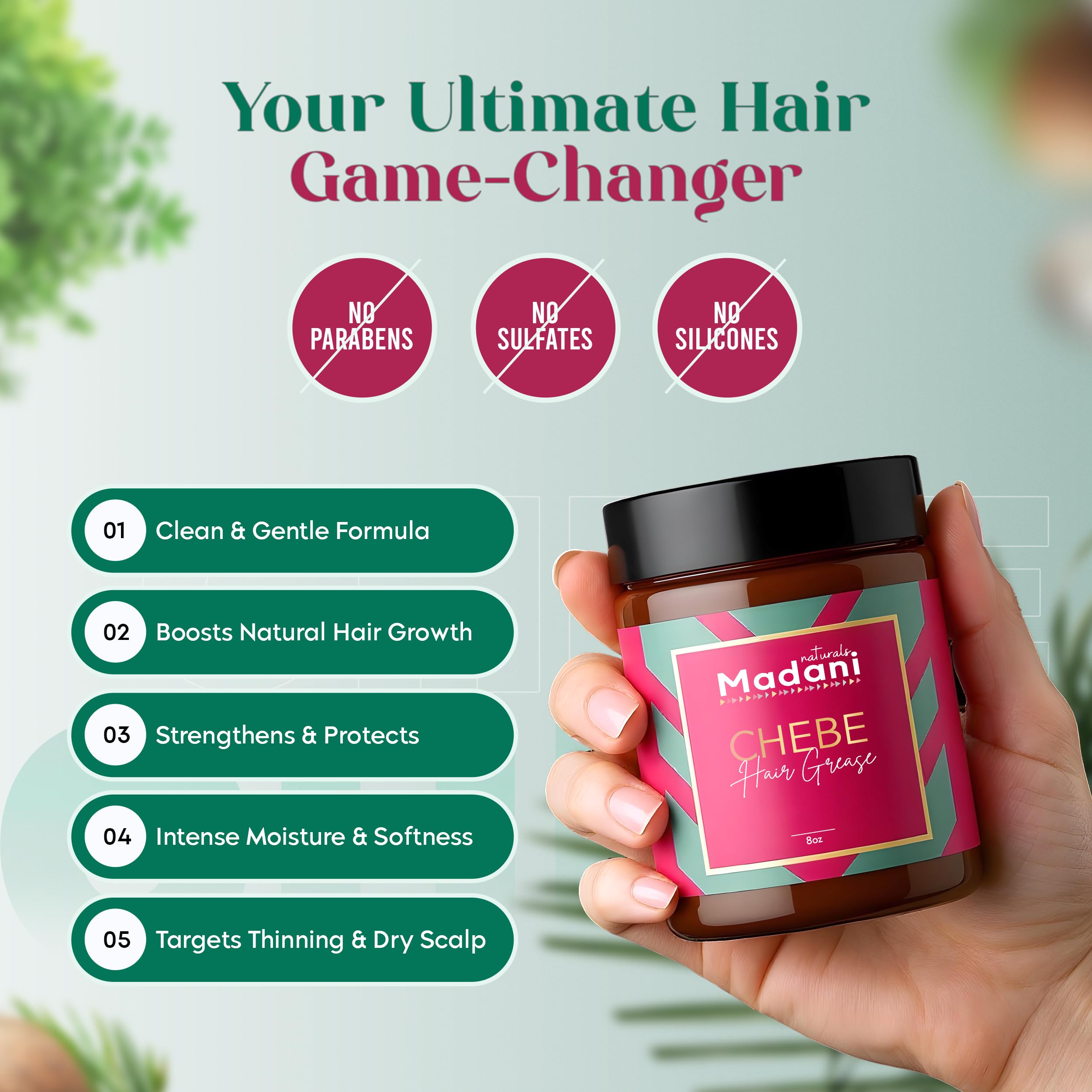 Madani Naturals scalp-massage shot shows easy scalp care routine.