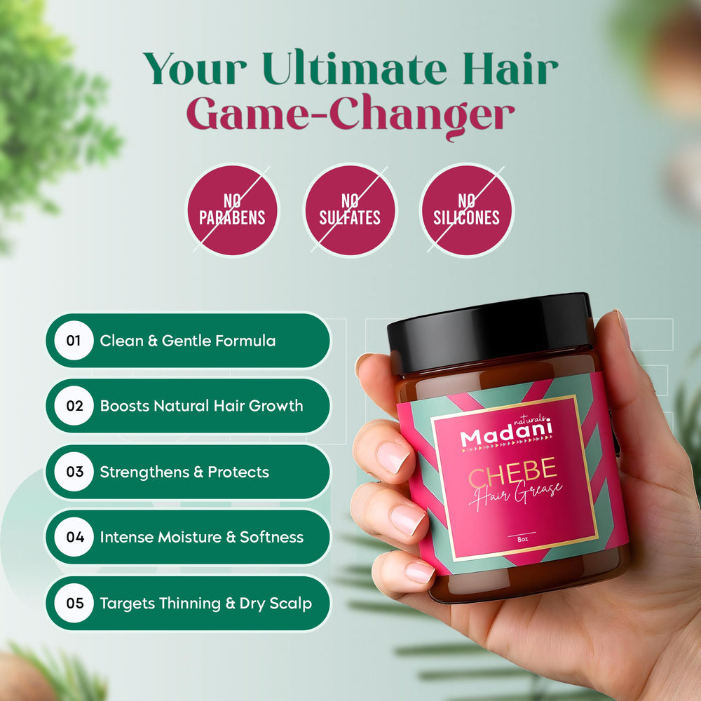 Madani Naturals scalp-massage shot shows easy scalp care routine.