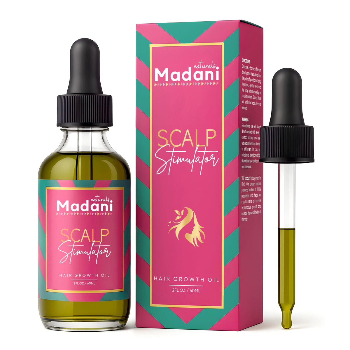 Madani Naturals Scalp Stimulator bottle close-up with rosemary and mint for scalp nourishment