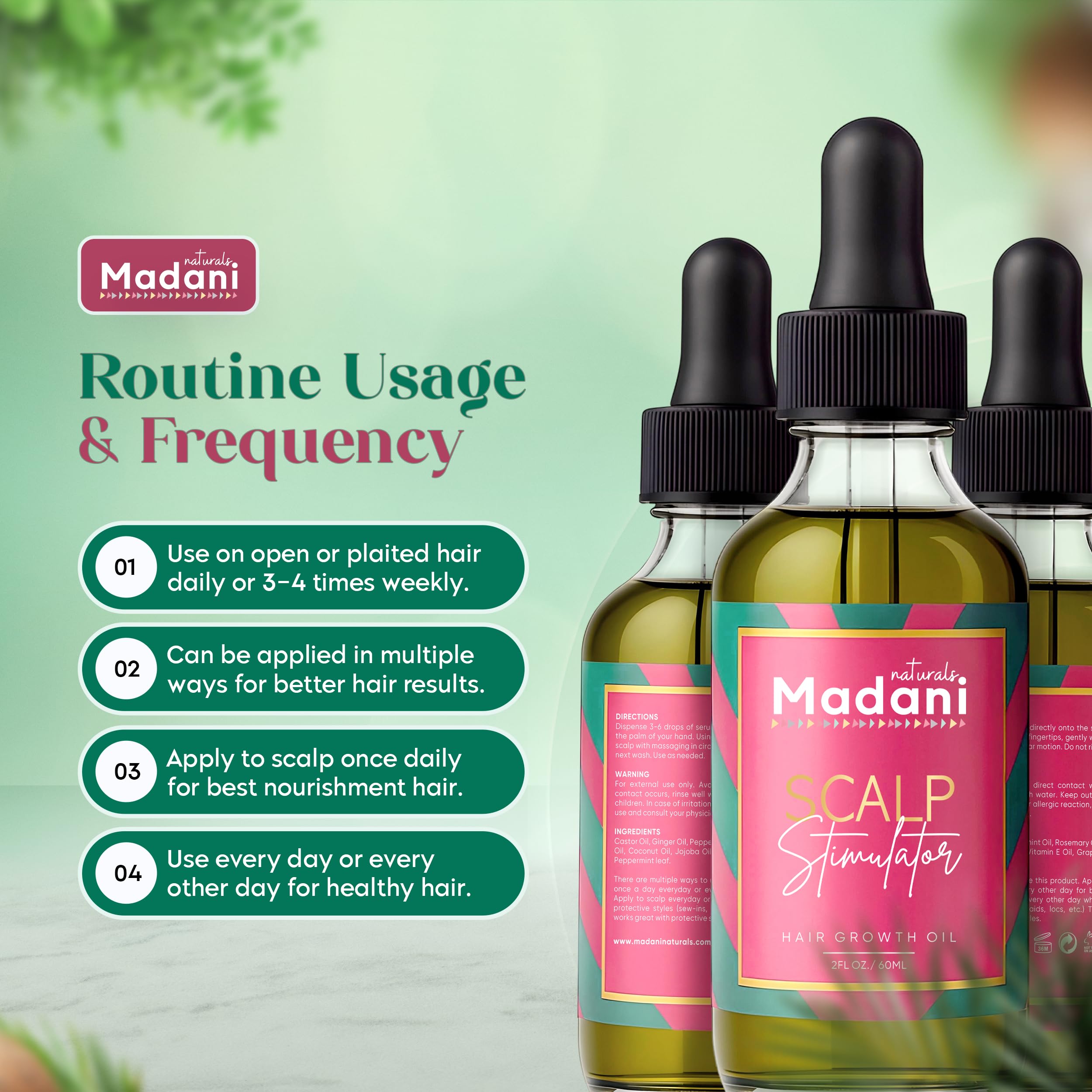 Front packaging of Madani Naturals Scalp Stimulator suitable for all hair types