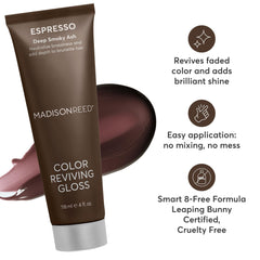 Espresso gloss bottle adds vibrant shine to brown hair.