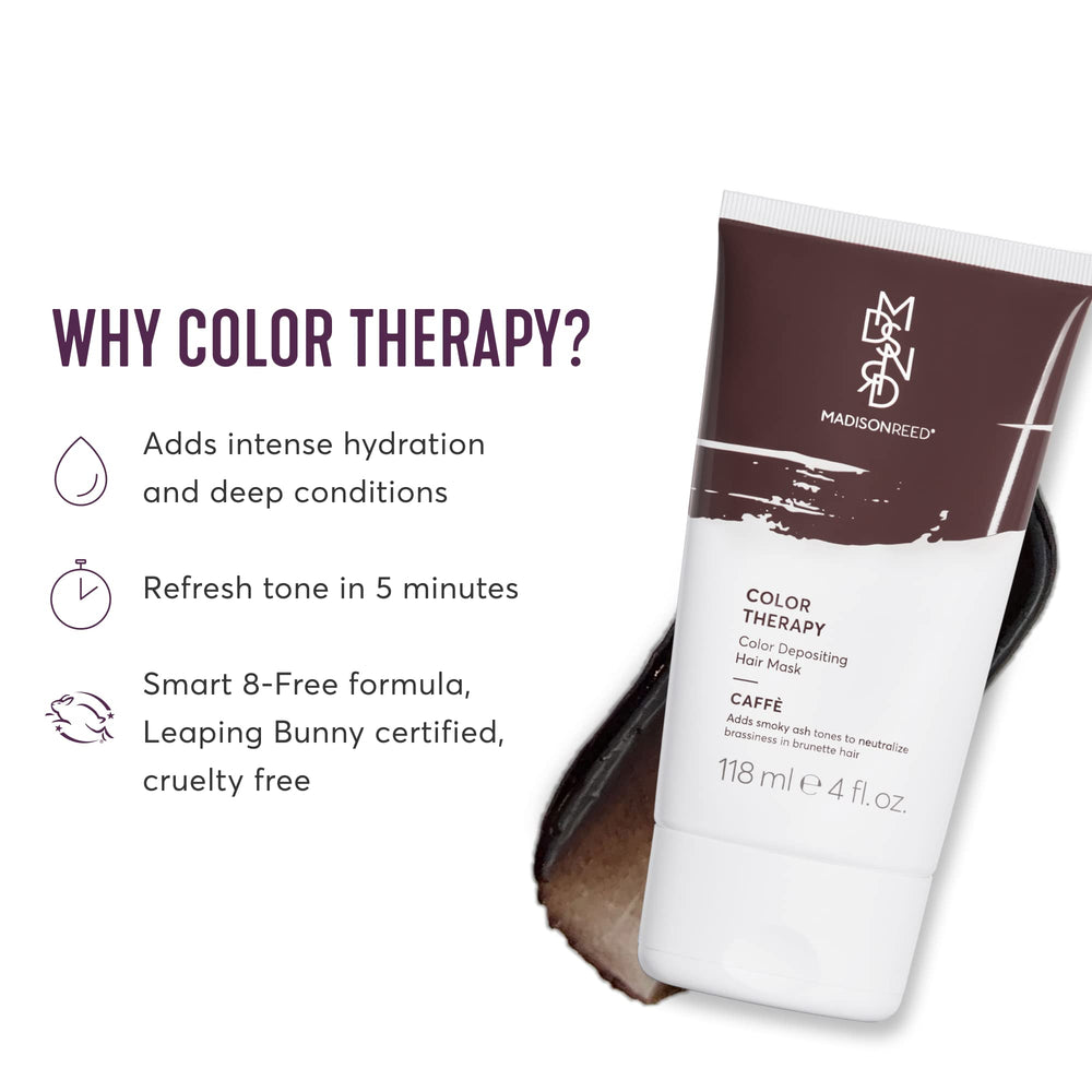 Madison Reed Color Therapy Caffé tube closeup shows color-deposit formula for brown shades