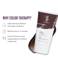 Madison Reed Color Therapy Caffé tube closeup shows color-deposit formula for brown shades