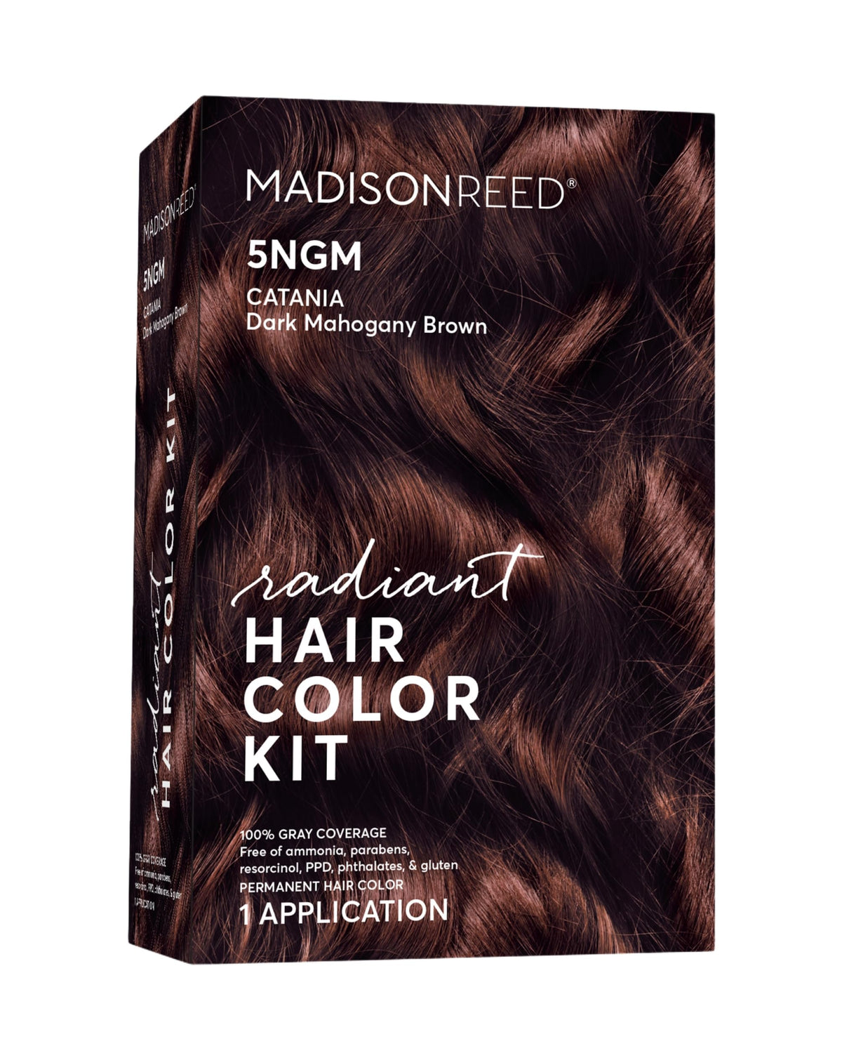 Madison Reed Radiant Color Kit box showing 5NGM dark cinnamon brown tones for natural gray blending
