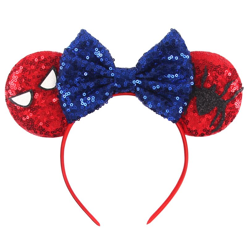 Diadema MADO con orejas de araña rojas y azules, ideal para fiestas y cosplay.