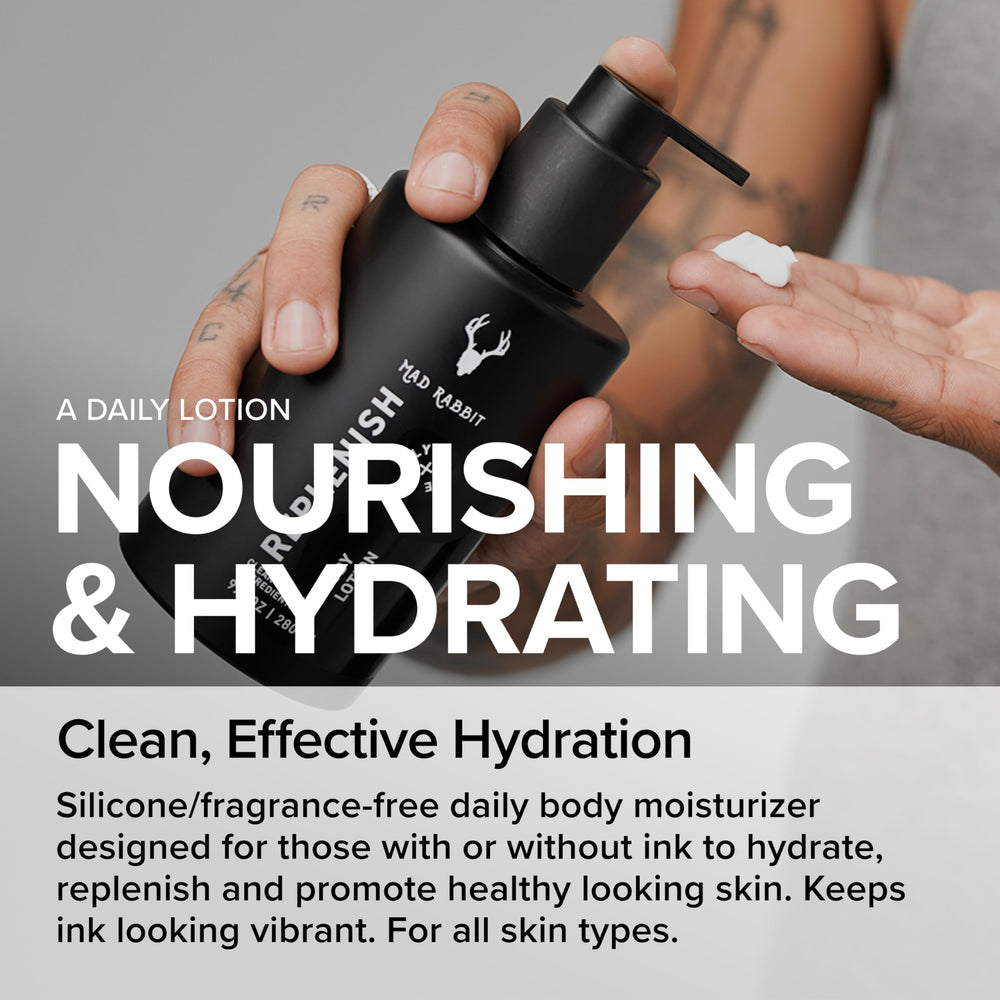 Mad Rabbit Replenish fragrance-free label close-up for clean formula