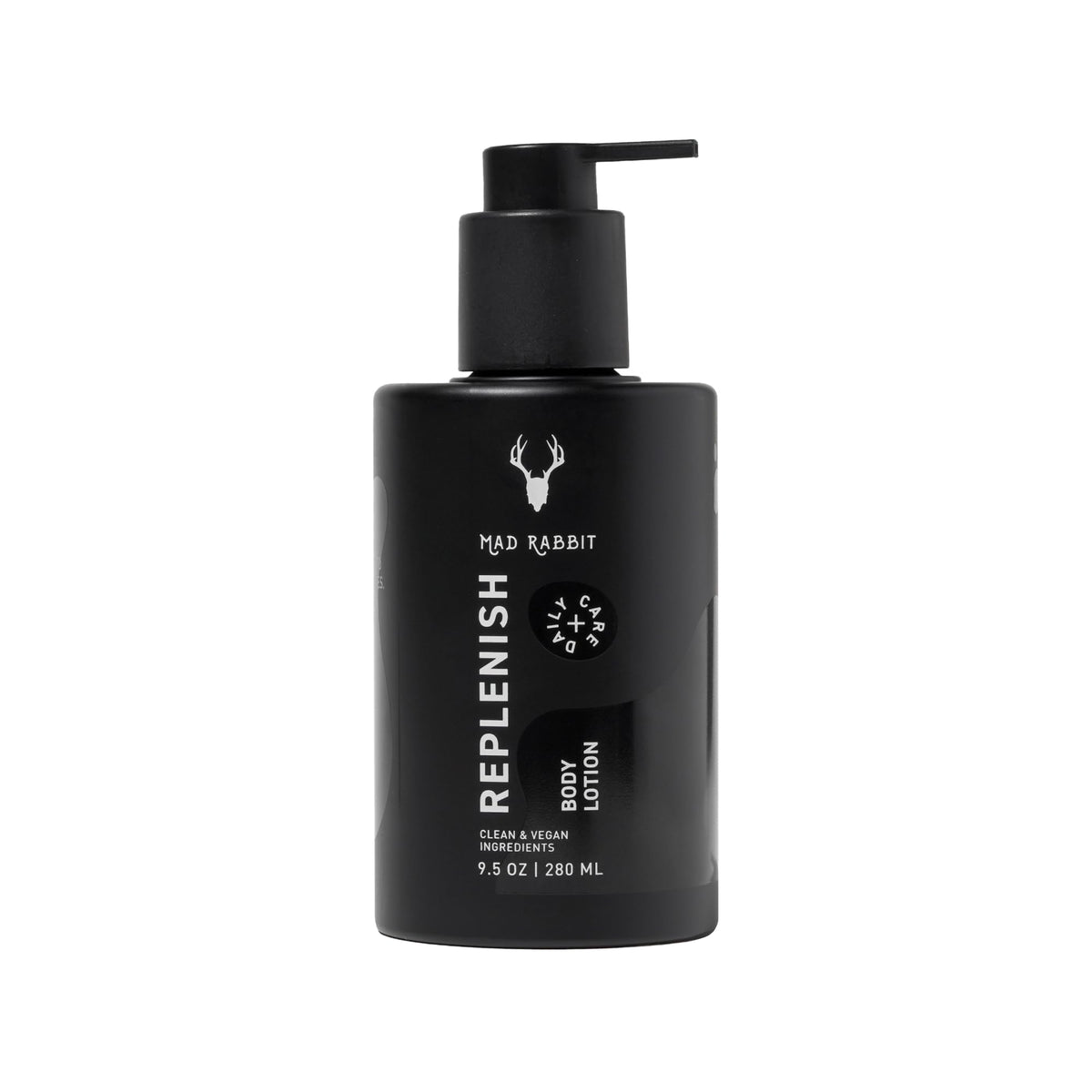 Mad Rabbit Replenish bottle front view highlighting fragrance-free daily hydration for tattoo skin