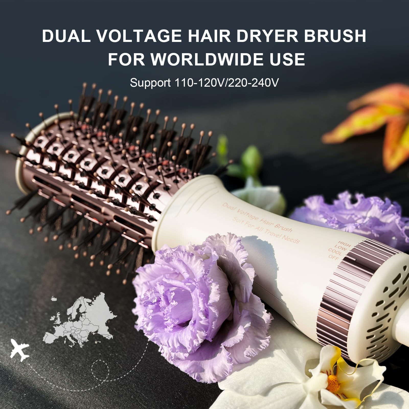 Madremía Travel Dual Voltage Hair Dryer Brush 4-in-1 for versatile styling on the go.