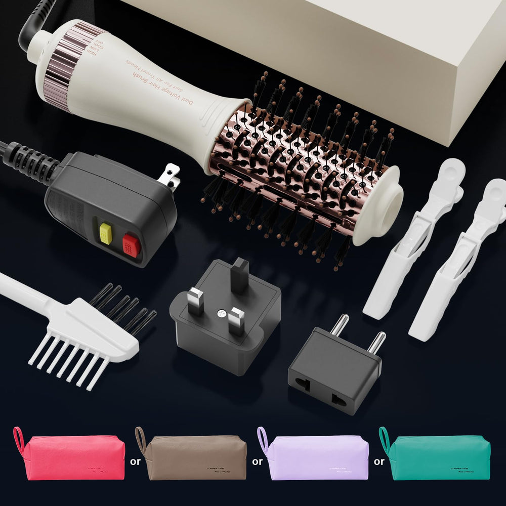 Madremía Travel Dual Voltage Hair Dryer Brush includes clips for secure styling.