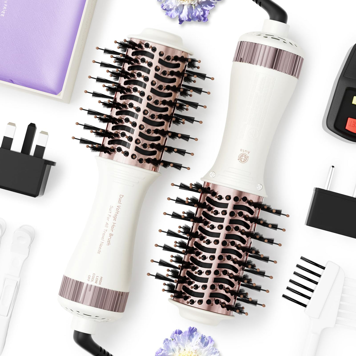 Madremía Travel Dual Voltage Hair Dryer Brush compact case for travel.