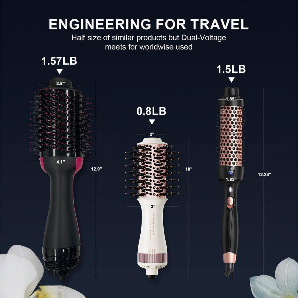 Madremía Travel Dual Voltage Hair Dryer Brush mini size ideal for carry-on.