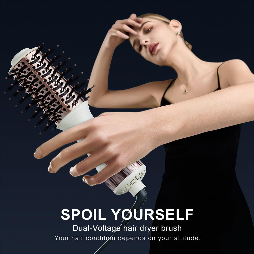 Madremía Travel Dual Voltage Hair Dryer Brush with oval barrel for smooth curls.