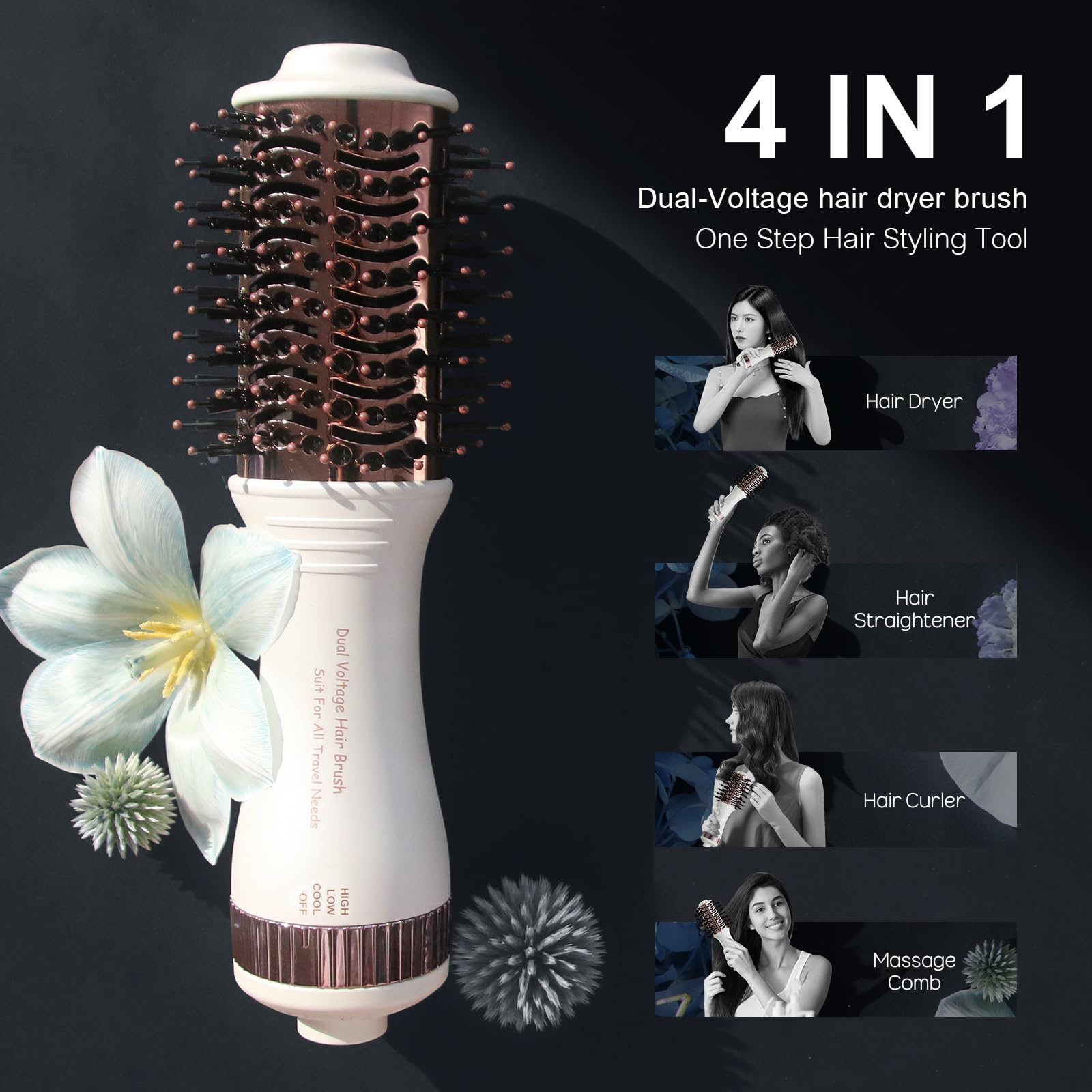 Madremía Travel Dual Voltage Hair Dryer Brush titanium barrel for durable heat.