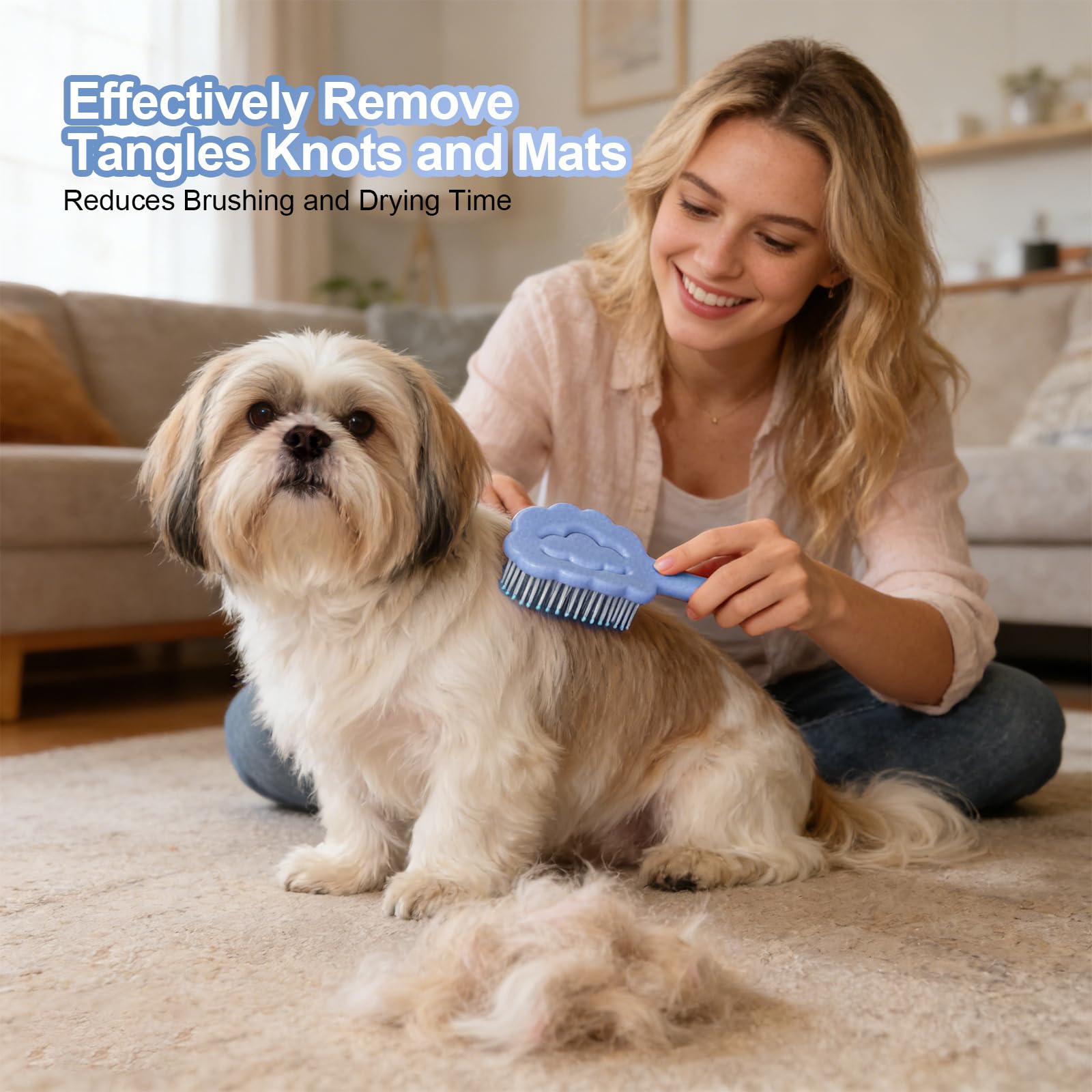 MAEELOU blue brush helps remove loose fur from Maltese and Yorkie coats.