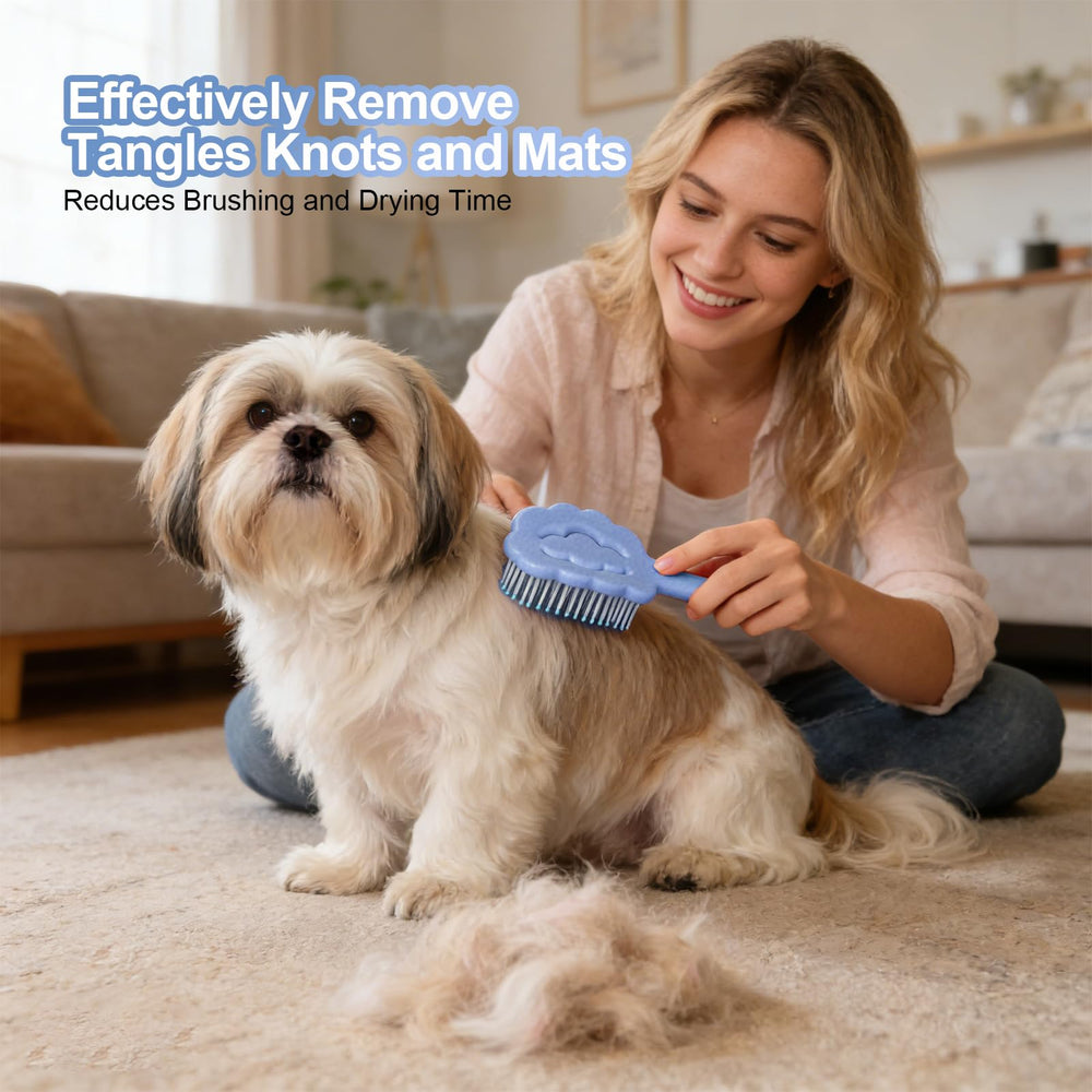 MAEELOU blue brush helps remove loose fur from Maltese and Yorkie coats.