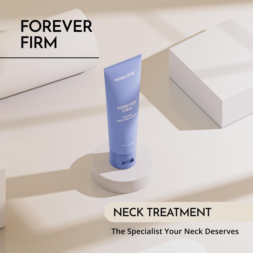 MAELOVE Forever Firm neck treatment bottle on vanity for daily use