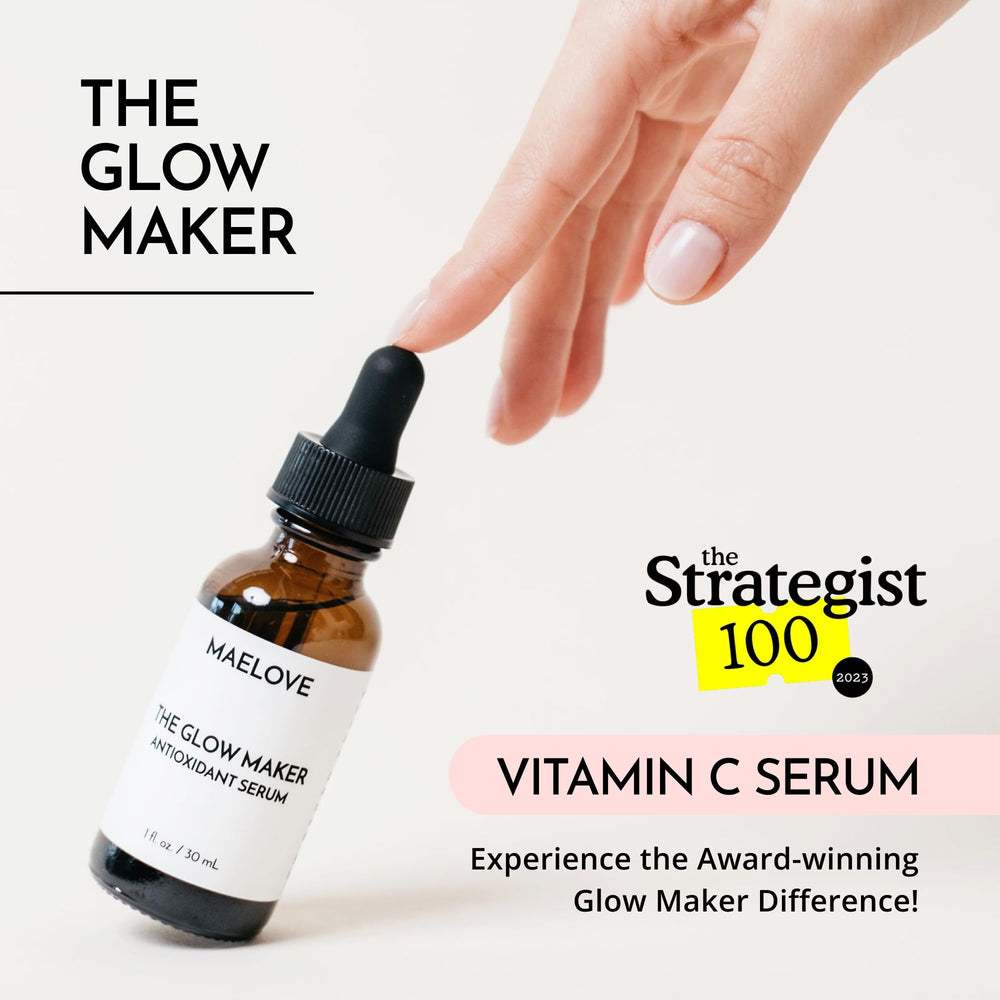 MAELOVE Glow Maker dropper close-up showing serum texture and quick absorption.