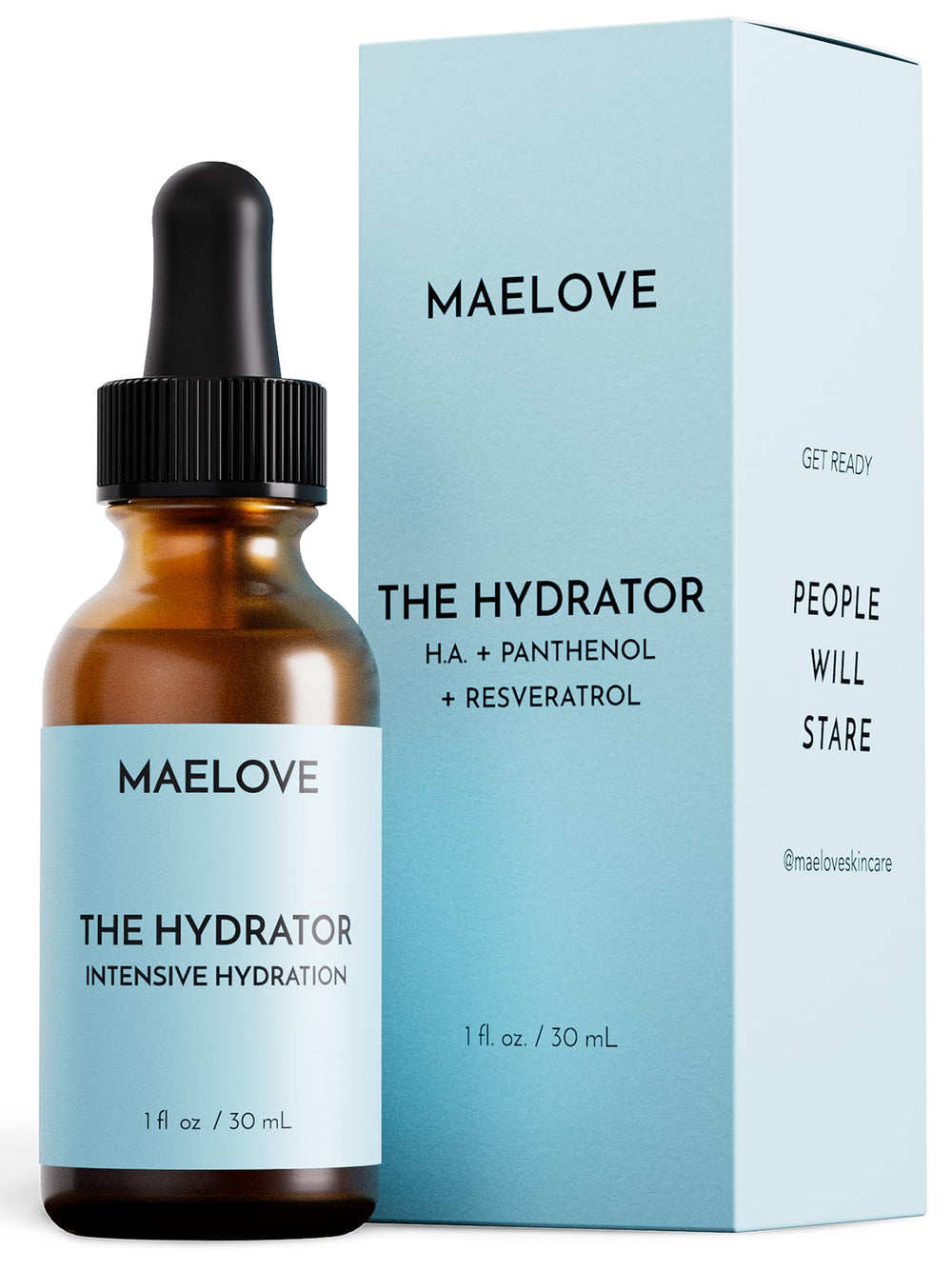 MAELOVE Hydrator serum bottle front showing a dewy glow and hydration potential