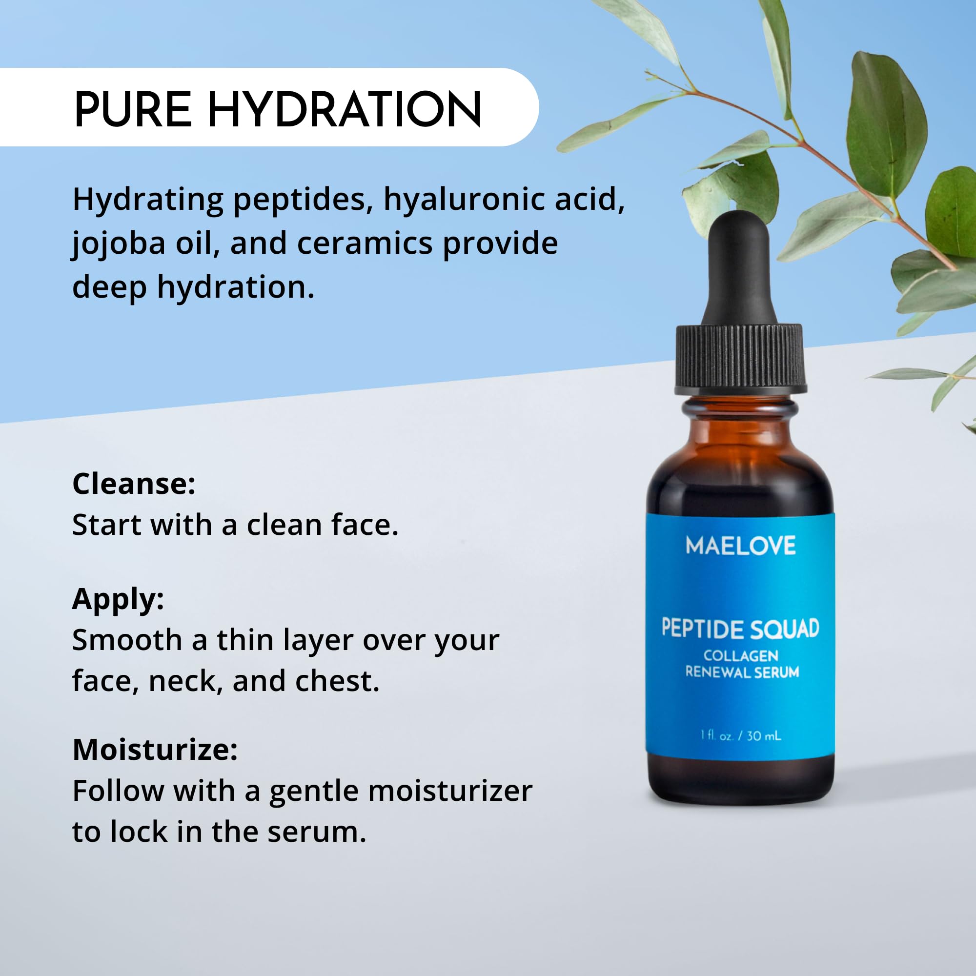 Maelove Peptide Squad ingredients science label highlights copper peptides and Hyaluronic acid for nourishment