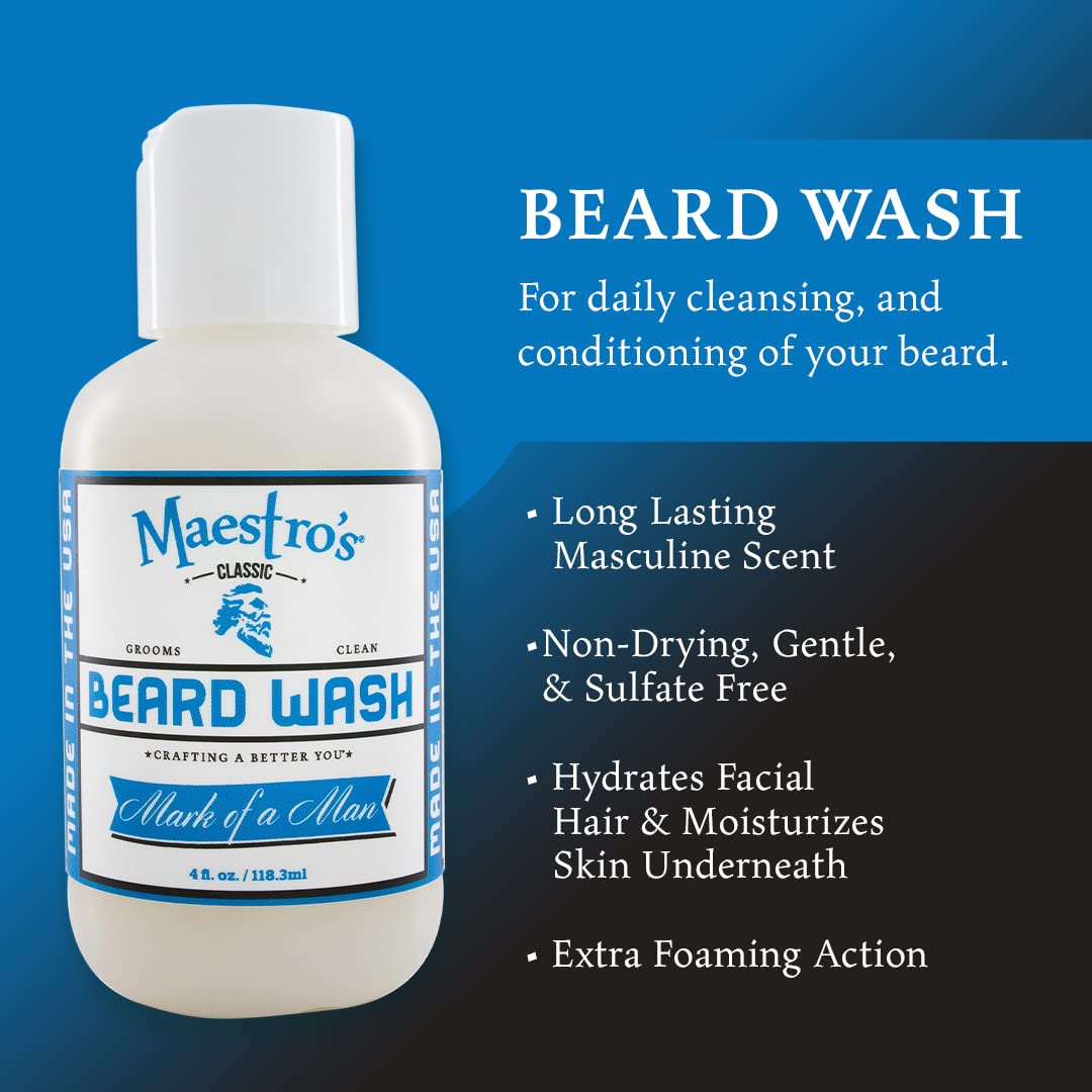 Maestro's Classic Beard Wash in grooming routine shows hydrating cleanse for beard and skin.