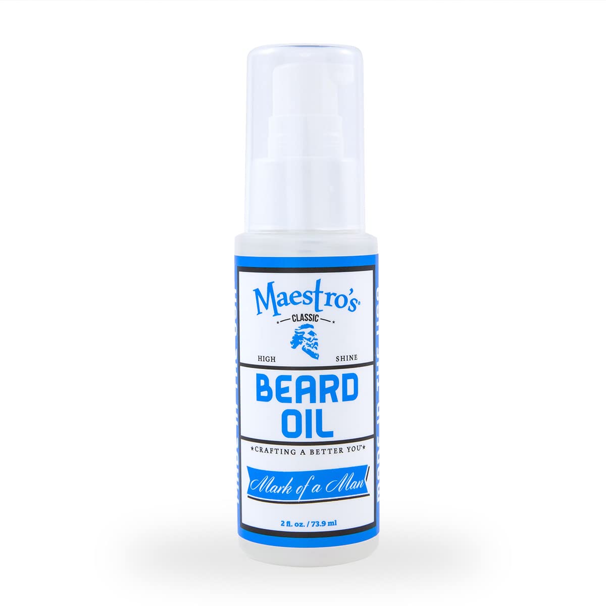 Maestro's Classic Mark of a Man Beard Oil bottle and packaging for premium grooming.