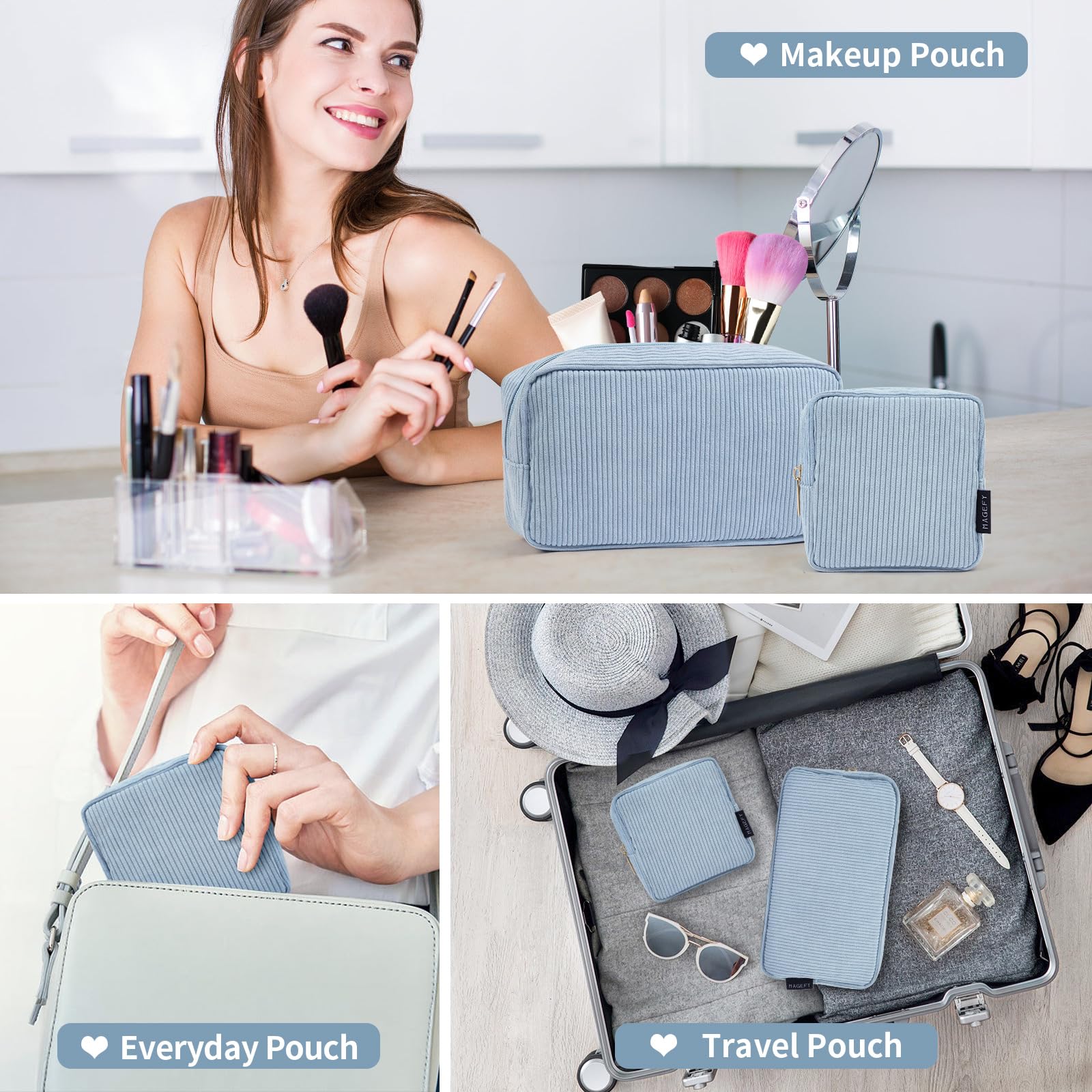 Magefy blue small makeup bag brushes inside, organized storage for tools.