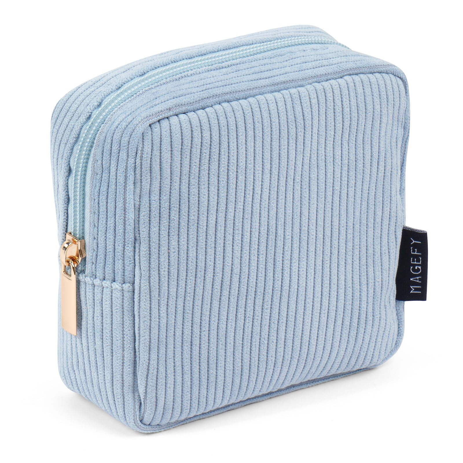 Magefy blue small makeup bag front view, ideal for lightweight daily organization.