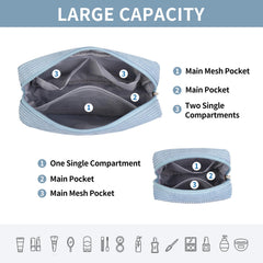 Magefy blue small makeup bag inside pockets left, tidy brushes and items.