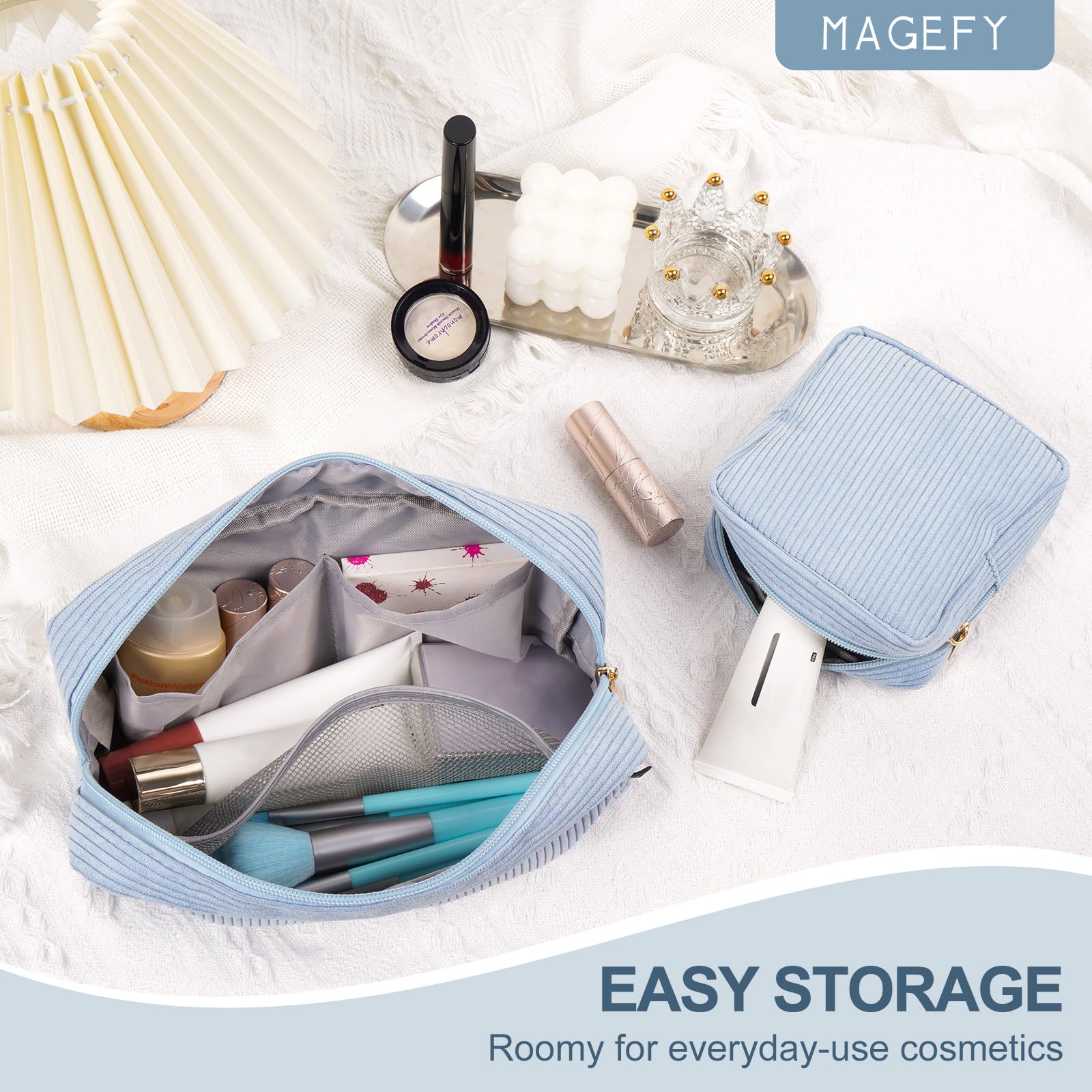 Magefy blue small makeup bag lightweight, easy to slip into any bag.