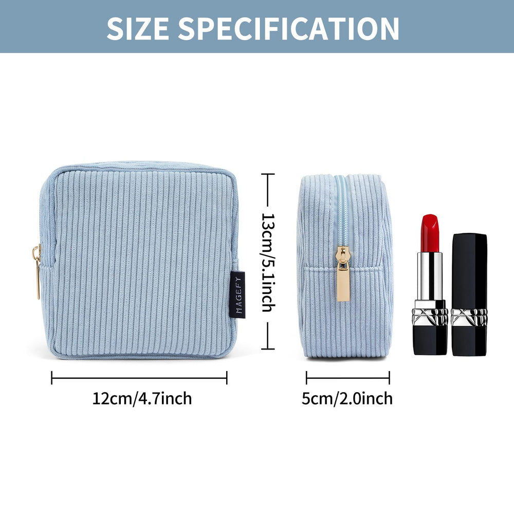 Magefy blue small makeup bag top zip, keeps cosmetics secure during travel.