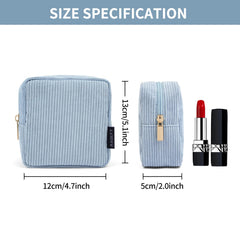 Magefy blue small makeup bag top zip, keeps cosmetics secure during travel.