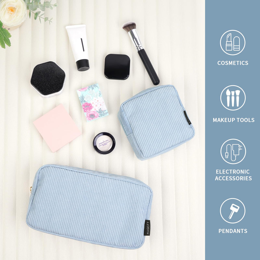 Magefy blue small makeup bag travel use, perfect for on-the-go cosmetics.