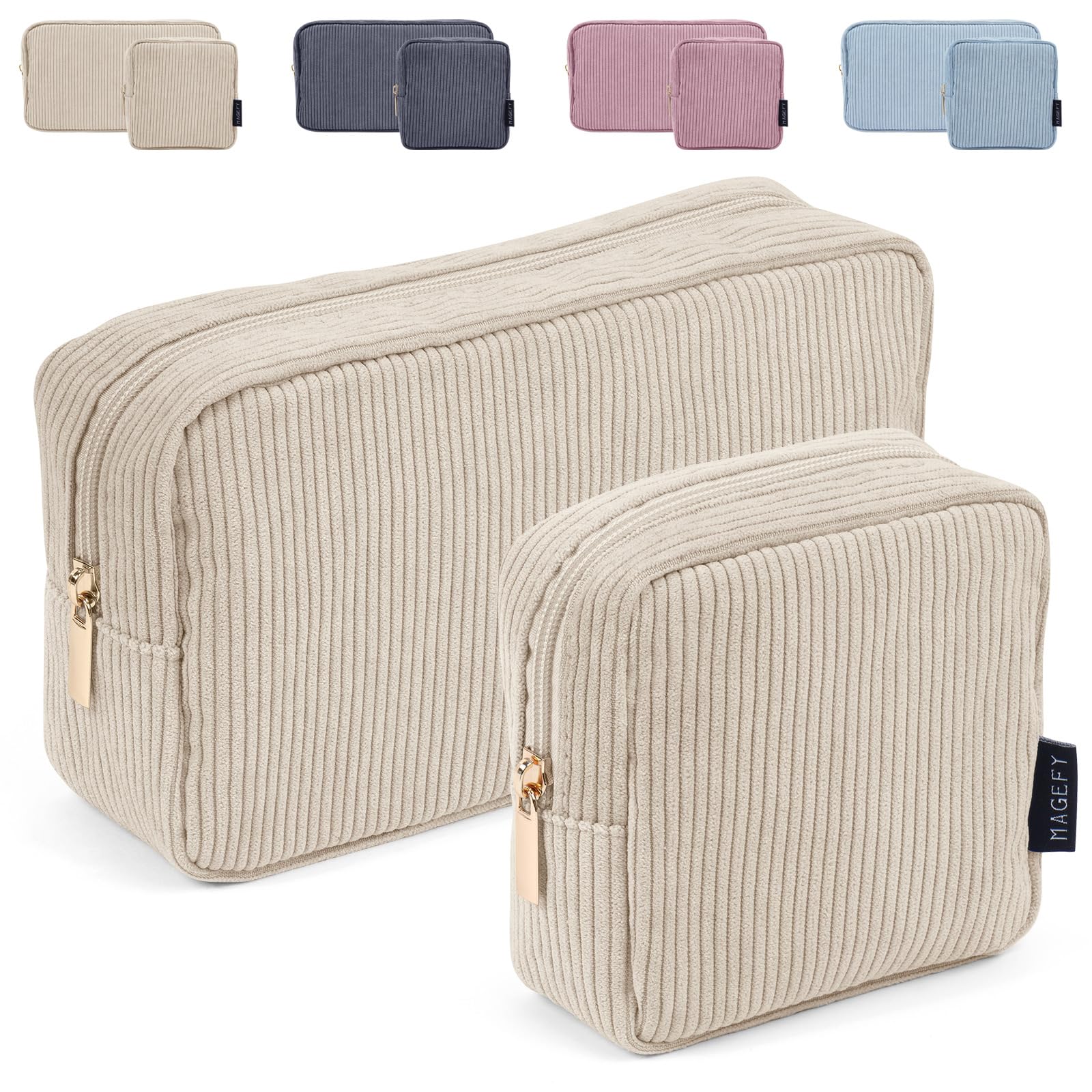 MAGEFY corduroy makeup bag beige front view, ideal for travel and daily carry.
