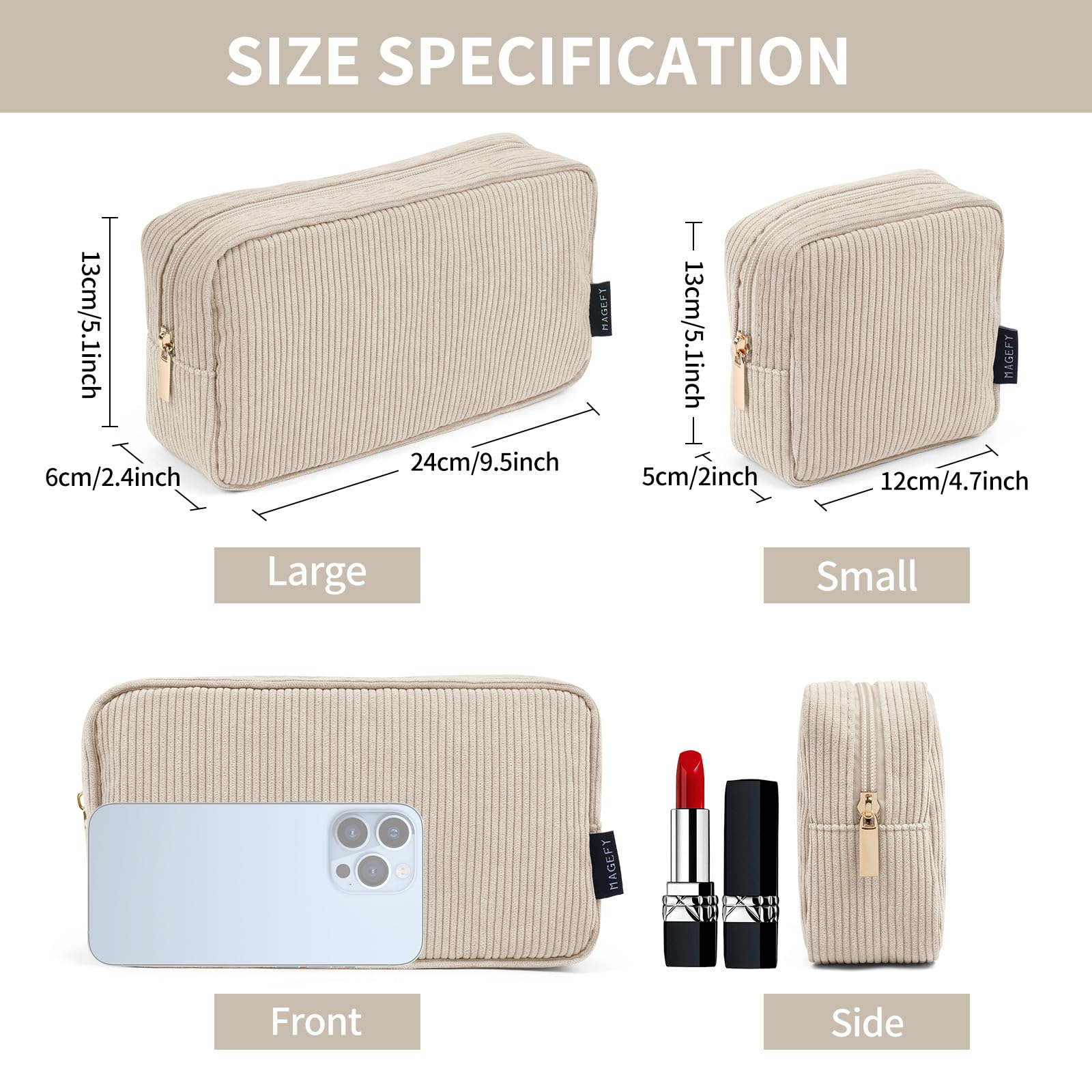 MAGEFY makeup bag beige in hand showing compact size for totes.
