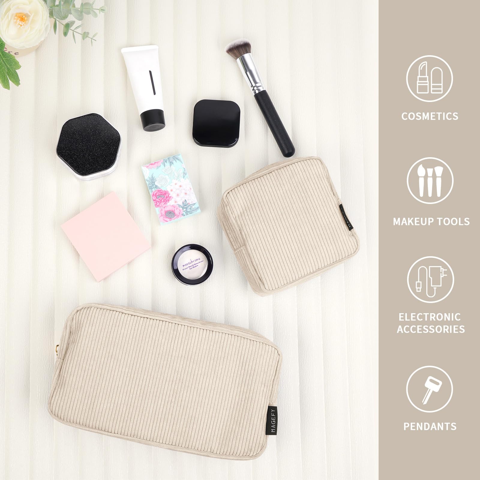 MAGEFY corduroy makeup bag beige inside purse neatly organized.