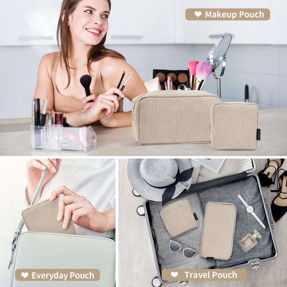 MAGEFY corduroy makeup bag beige texture close-up highlights soft touch.