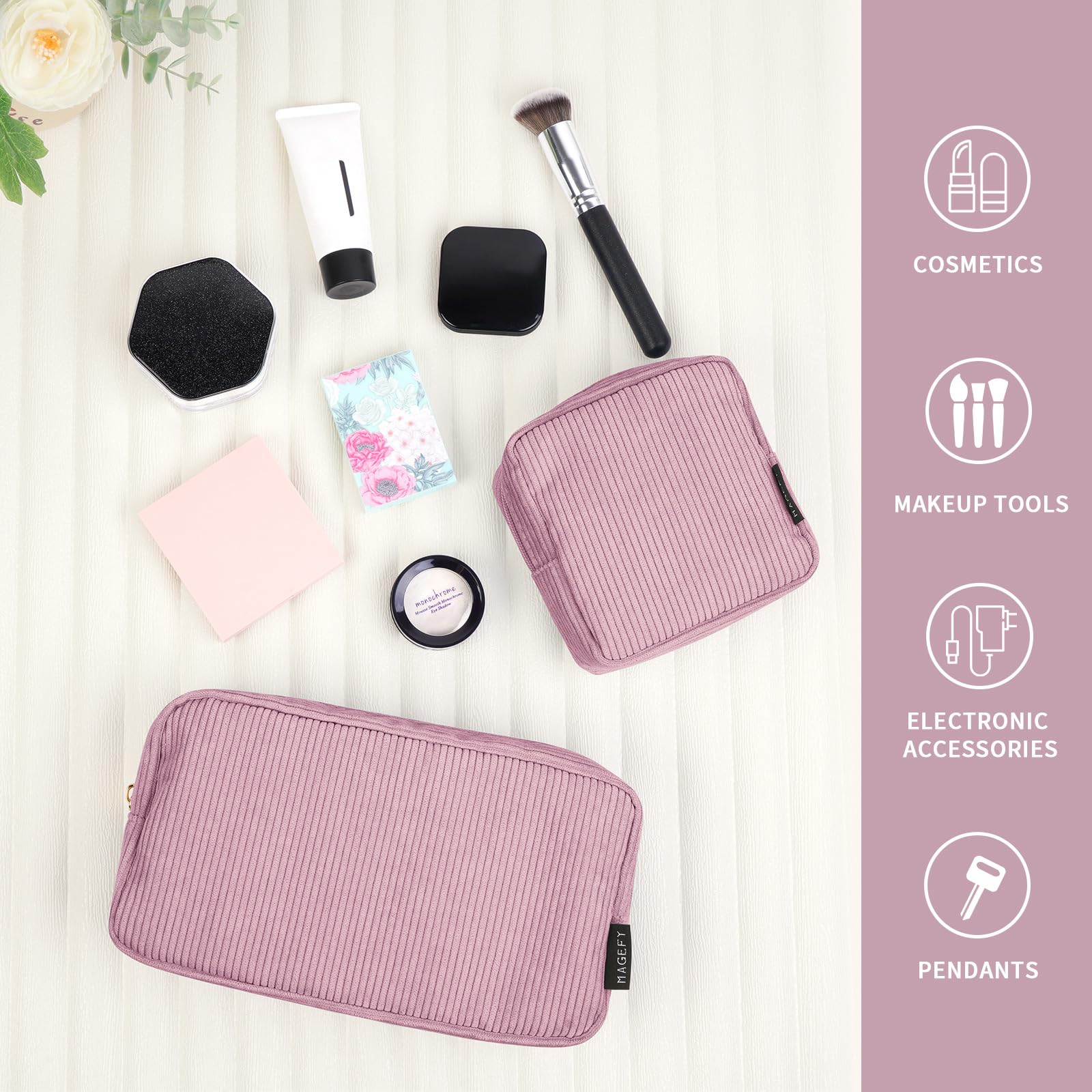 MAGEFY pink corduroy makeup bag; sturdy zipper for secure contents.