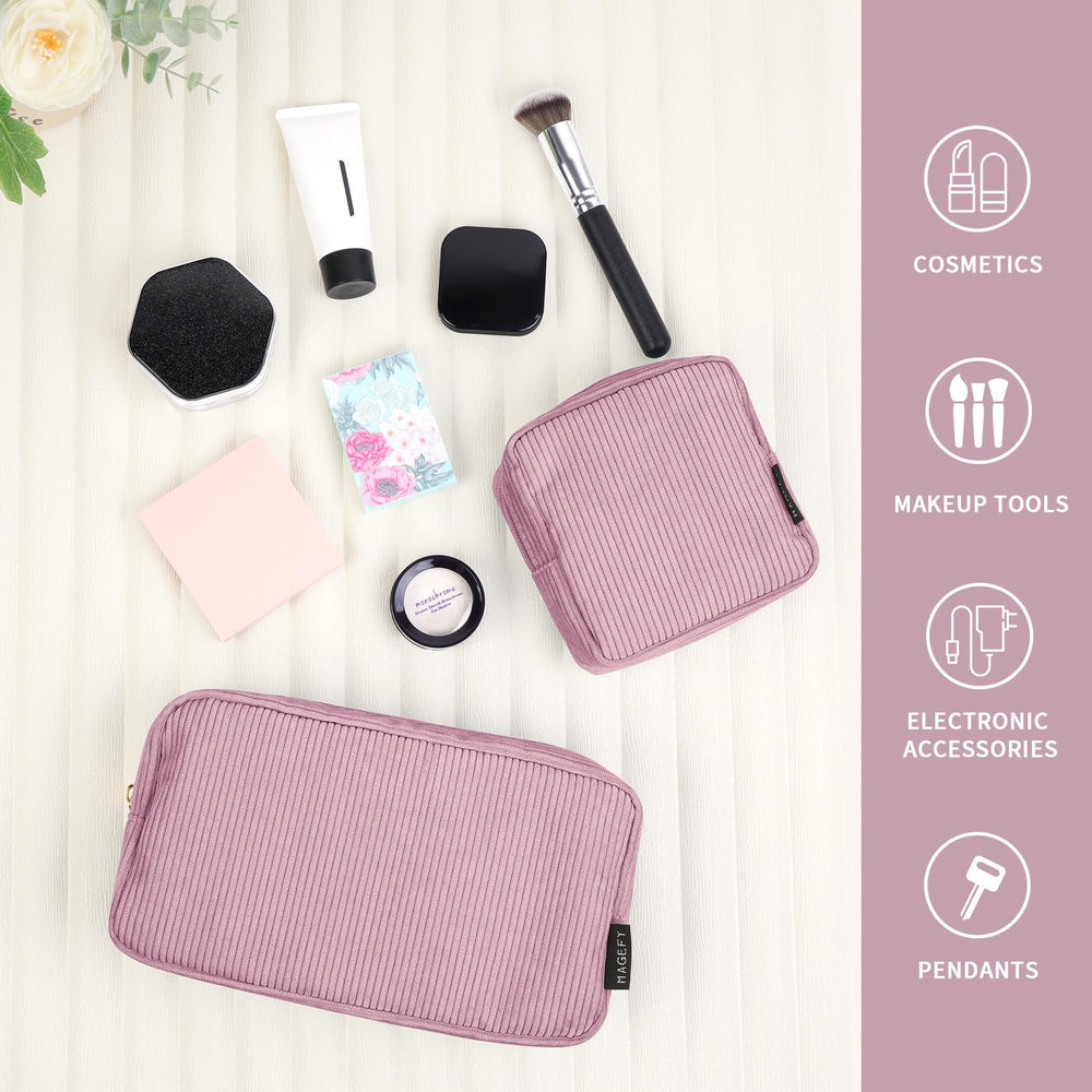 MAGEFY pink corduroy makeup bag; sturdy zipper for secure contents.