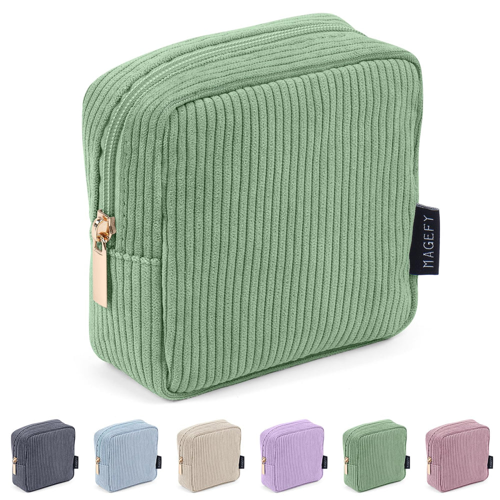 MAGEFY corduroy makeup bag with interior side pockets keeps cosmetics neatly separated.