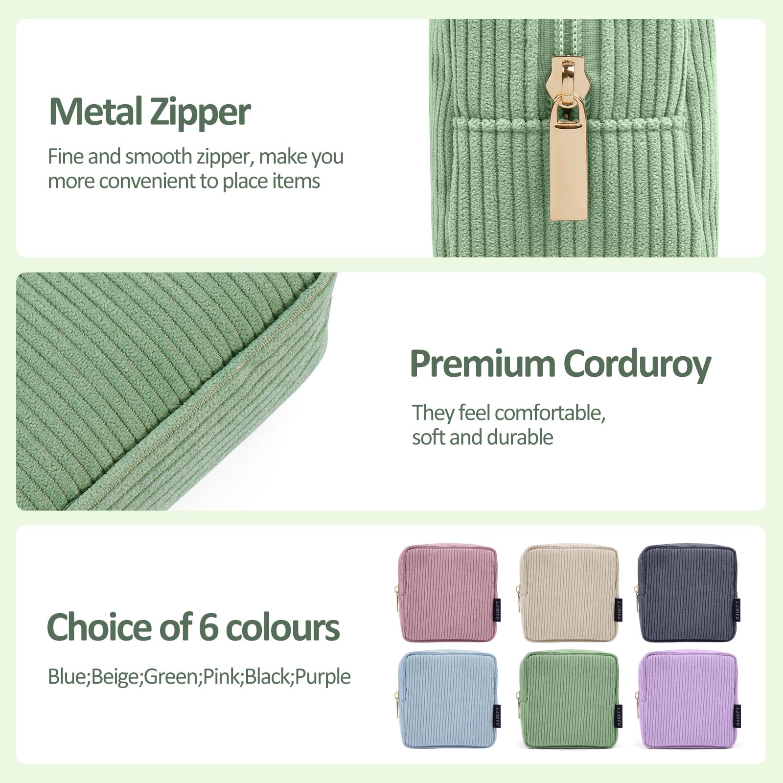 MAGEFY green corduroy cosmetic pouch with durable construction for daily use.