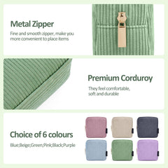 MAGEFY green corduroy cosmetic pouch with durable construction for daily use.